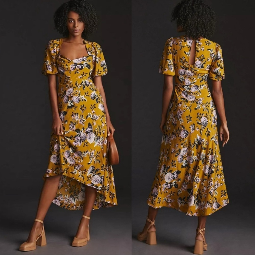 NWT Anthropologie Maeve Floral Puff-Sleeve Midi Dress Gold Yellow-Size 6